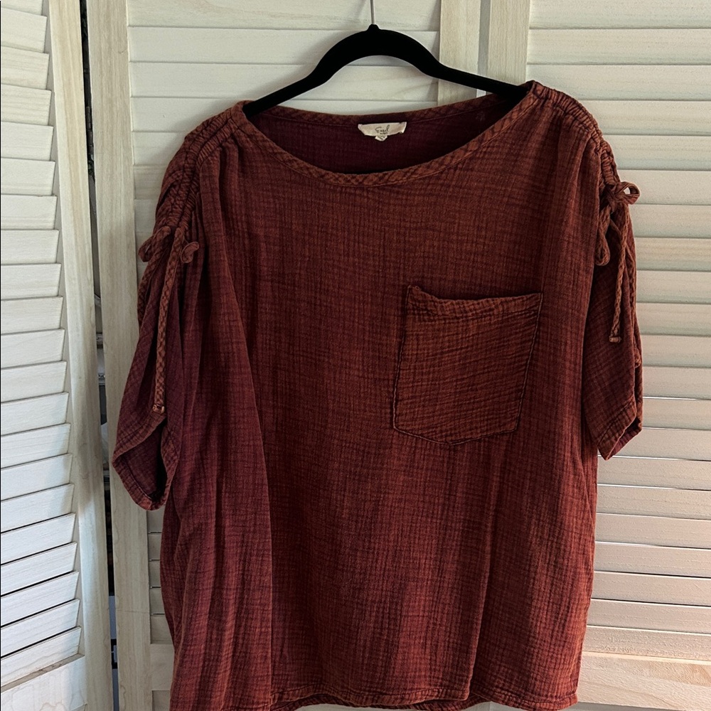 Easel Rust Blouse with Pocket and Tie Details
